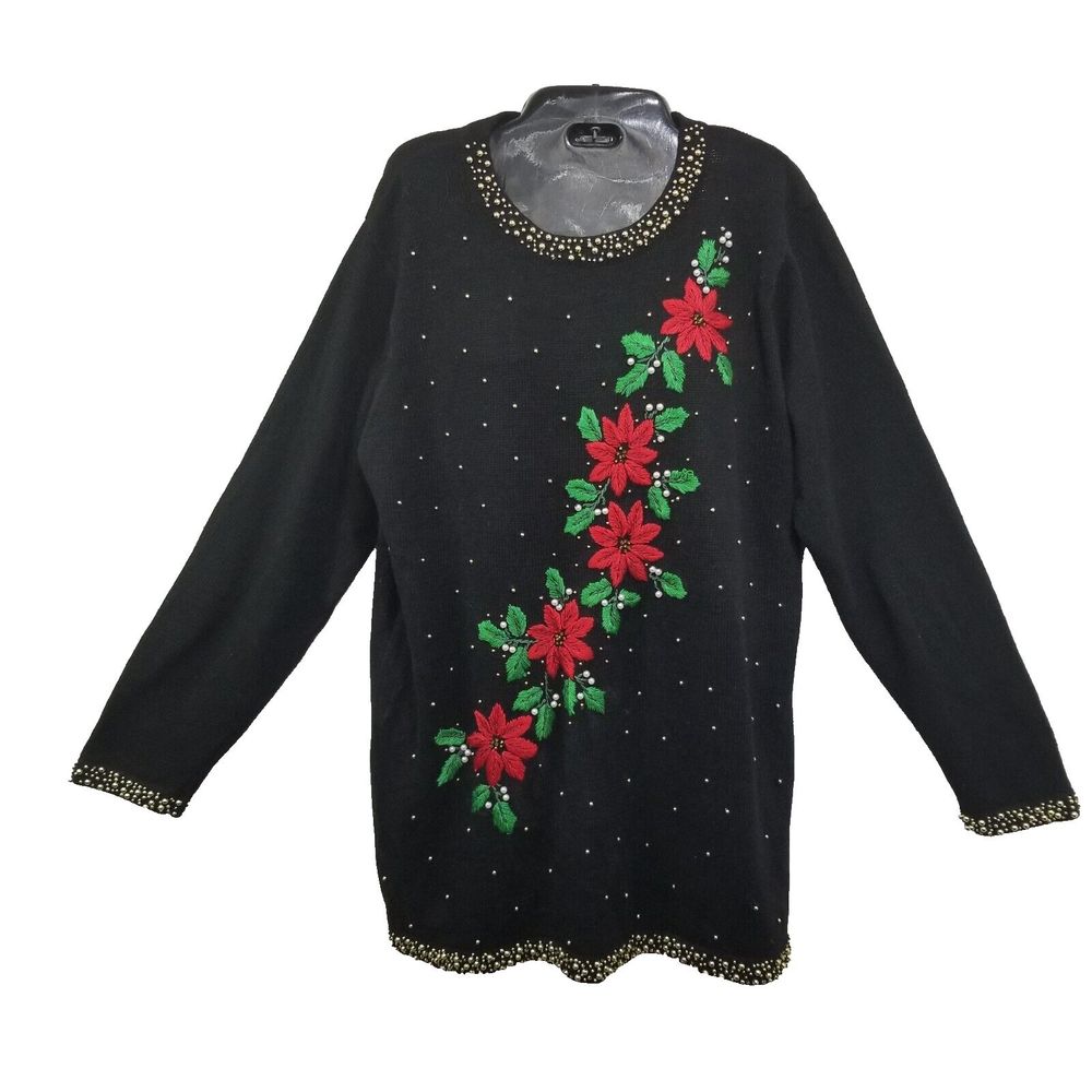 BP Designs Christmas Poinsettias Sweater Black Beaded Pearls Pullover Size Med